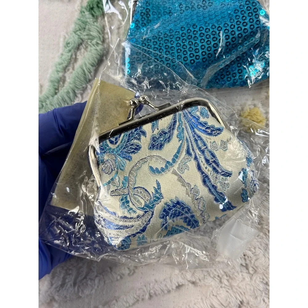 The Paragon Group Coin Purse Set of 3 Sequin Paisley Kiss Lock Aqua Pink Cream